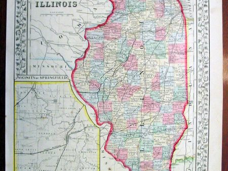 1869 Mitchell Antique Map of The State of Illinois For Cheap