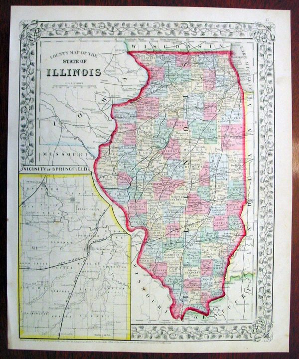 1869 Mitchell Antique Map of The State of Illinois For Cheap