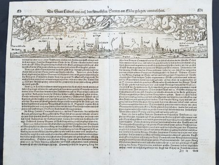 1574 Sebastian Munster Antique Map Birds Eye View of the City of Lubeck, Germany Sale