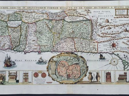 1632 Jacobus Tirinus Large Antique Map of The Holy Land, Palestine, XII Tribes on Sale