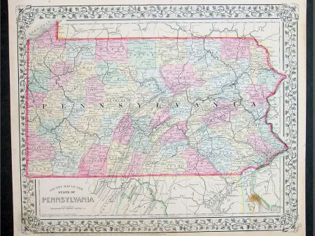 1870 Samuel Augustus Mitchell County Antique Map of the State of Pennsylvania Online Hot Sale