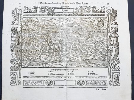 1574 Sebastian Munster Antique Map Birds Eye View of the City of Tours, France Supply