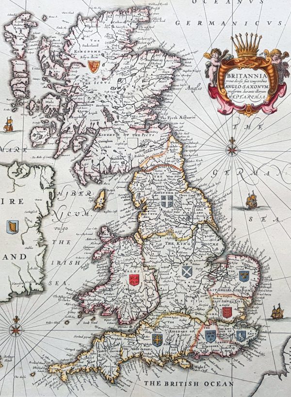 1646 Jan Jansson Antique Heptarchy Map of Great Britain & Ireland - Christianity in England For Cheap