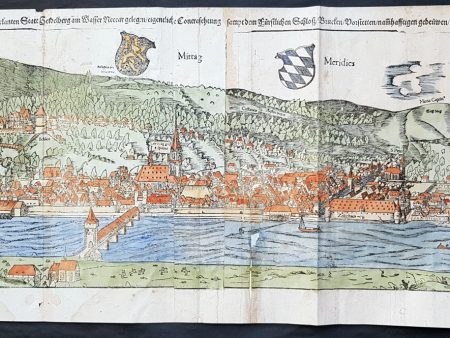 1574 Sebastian Munster Large Antique Birds Eye City View of Heidelberg, Germany Fashion