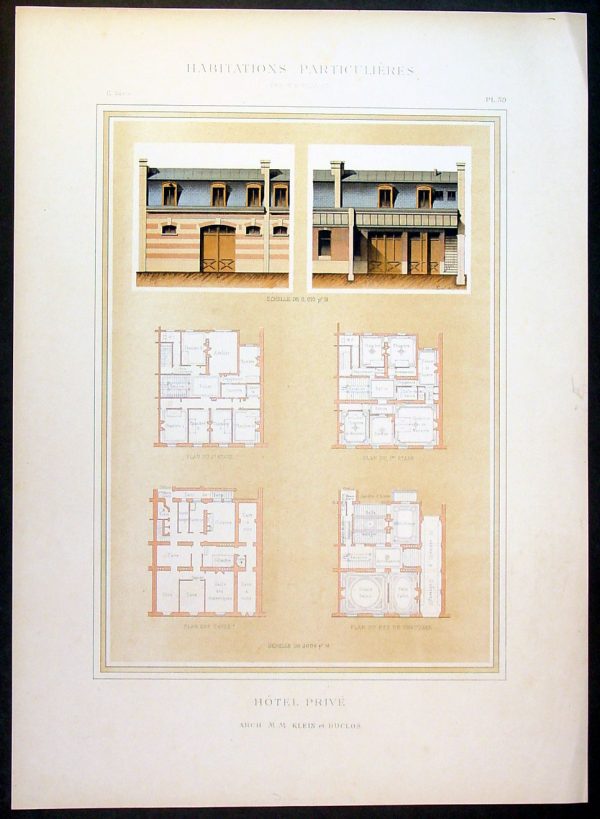 1888 Paul Planat Lithograph Antique Hotel Architectural Print, France Cheap