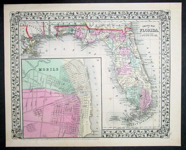 1870 Samuel Augustus Mitchell Antique County Map of Florida Hot on Sale