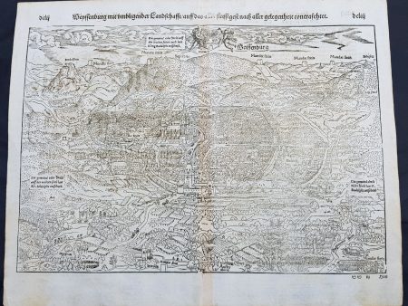 1574 Sebastian Munster Antique Map Birds Eye View of Weissenburg Bavaria Germany For Sale